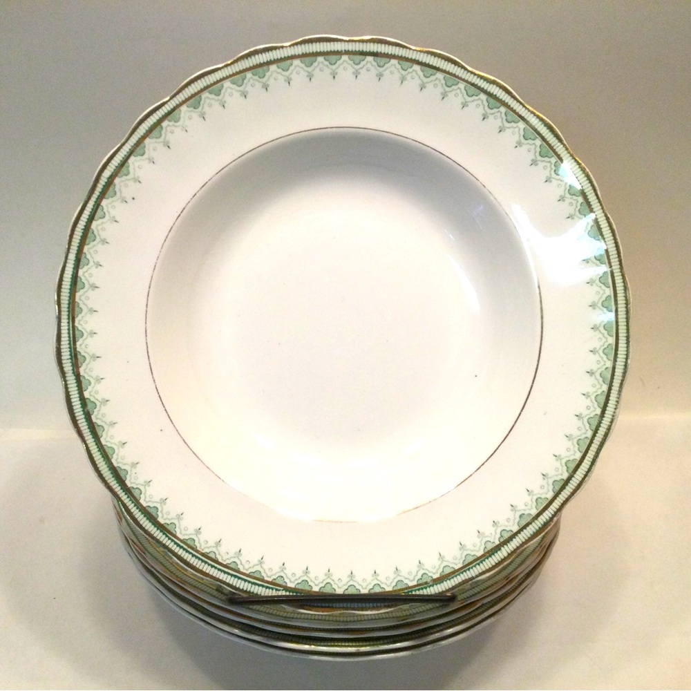 5 Furnivals England  Rimmed Bowls Green Gold Geometric Trim 9” Soup Pasta Salad